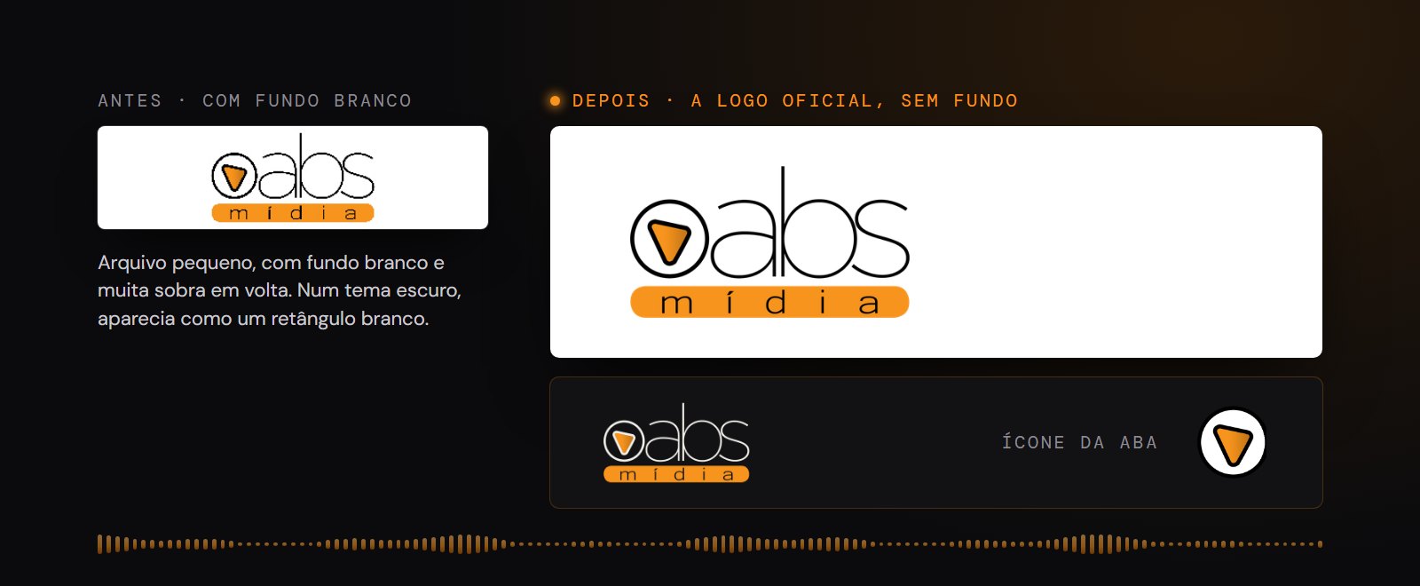 A logo da ABS Mídia com fundo branco e a logo oficial sem fundo, com a versão para fundo escuro e o ícone da aba