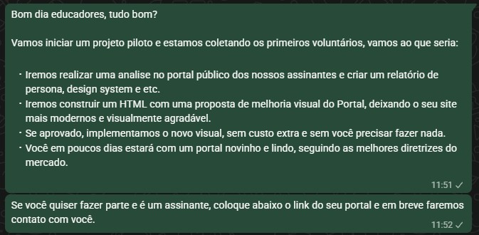 Mensagem no grupo de WhatsApp convidando os assinantes para o projeto piloto de melhoria visual do portal