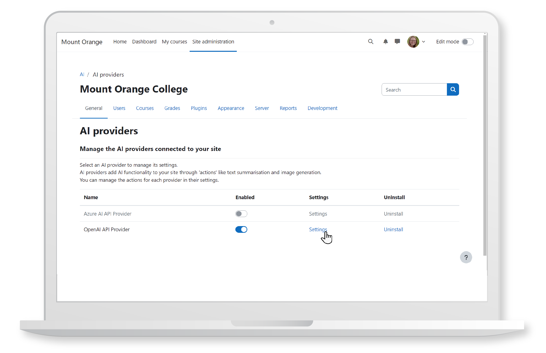 Gerencie provedores de IA perfeitamente com o subsistema de IA do Moodle, projetado para flexibilidade, segurança e escalabilidade. Fonte da imagem: Moodle
