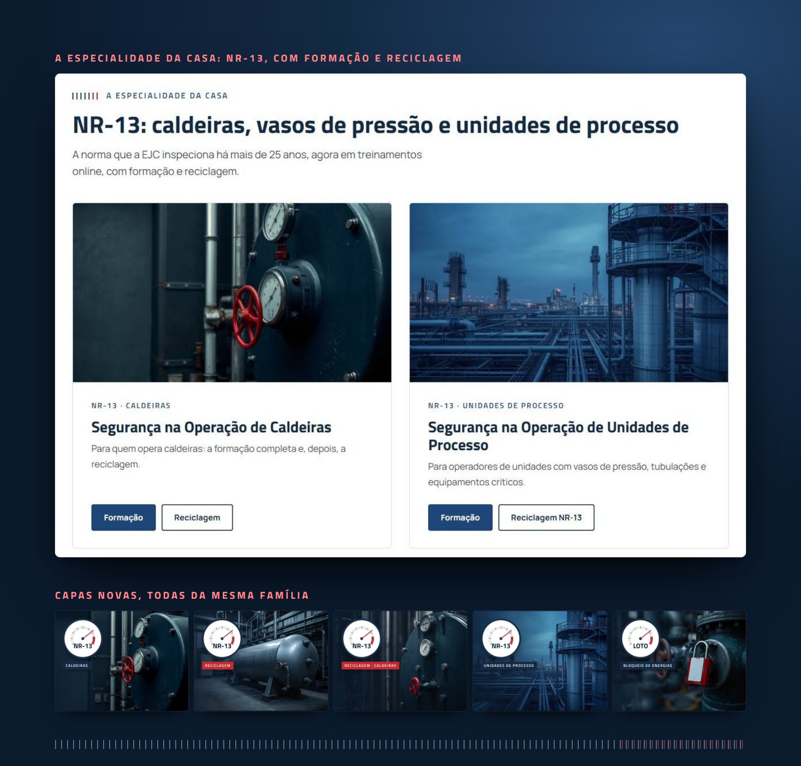 A seção de NR-13 da página inicial e as capas novas dos cursos