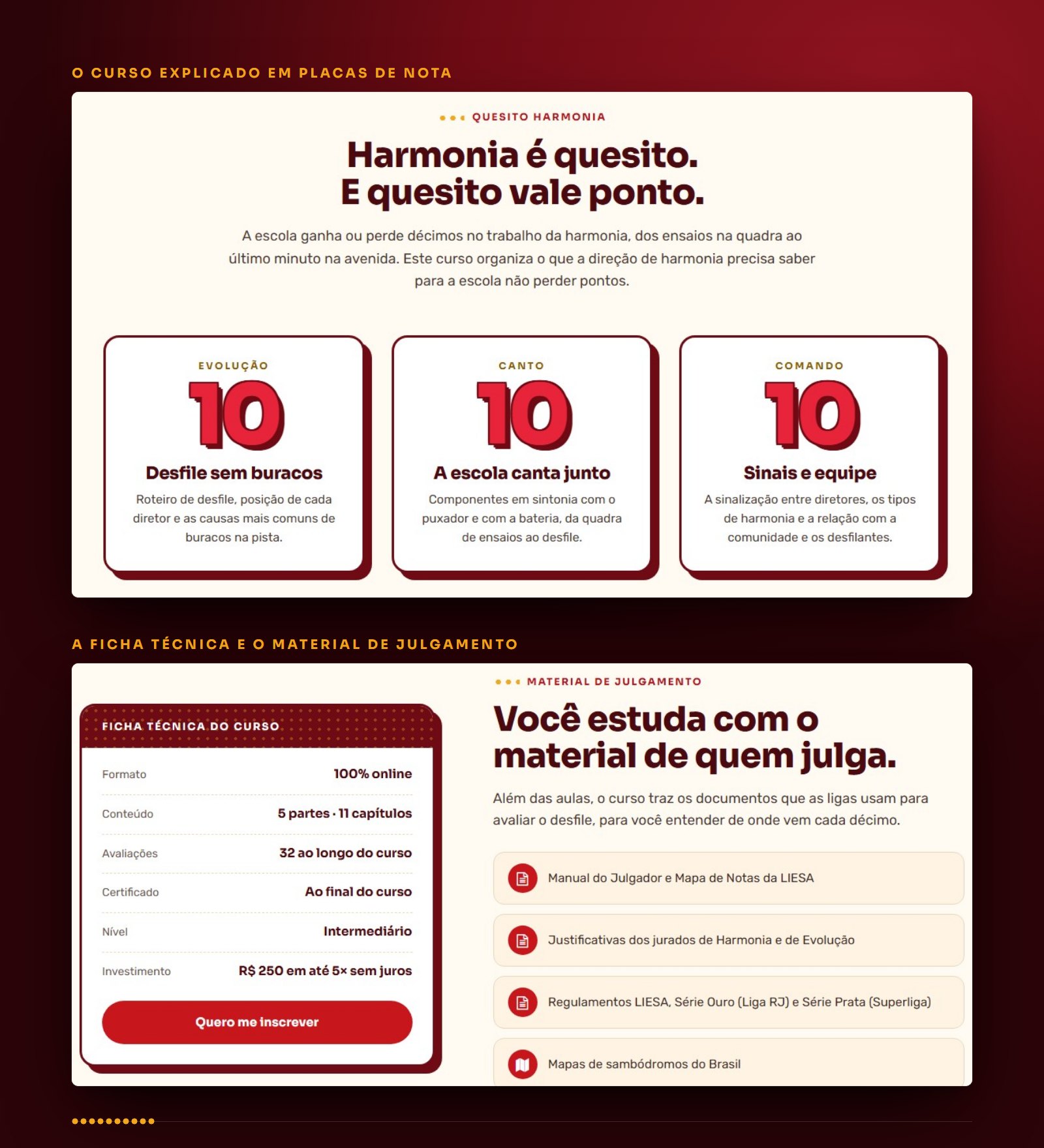 As placas de nota, a ficha técnica e o material de julgamento na página inicial