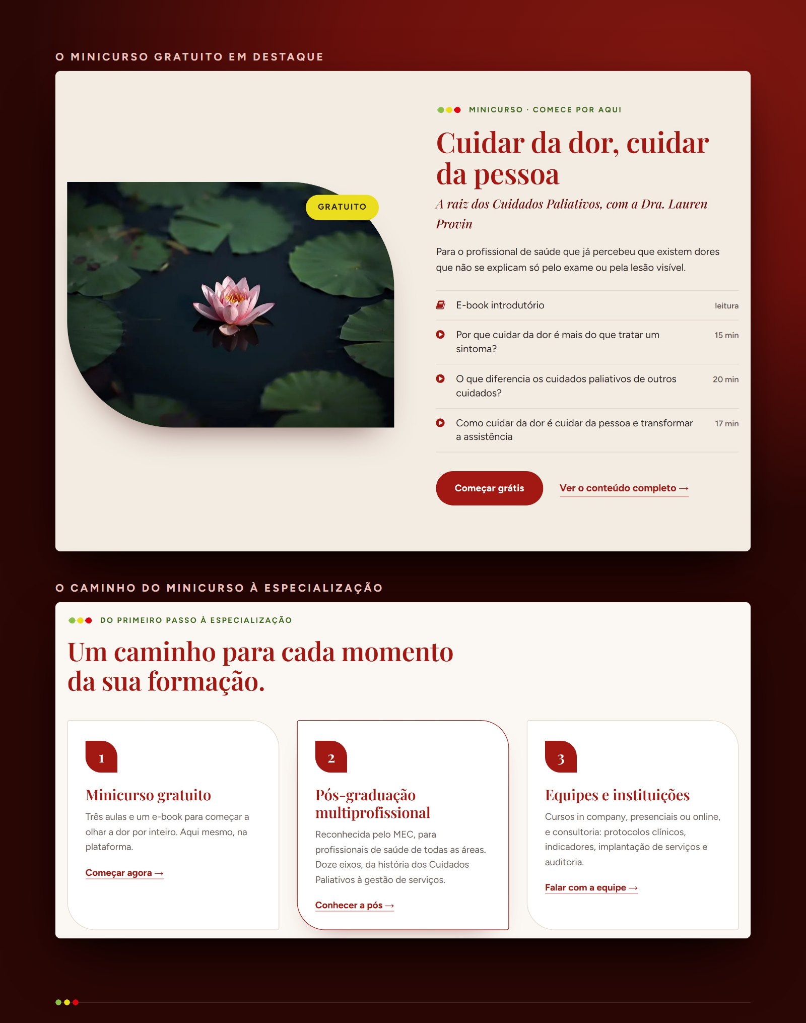 O minicurso gratuito em destaque e o caminho do minicurso à especialização, na página inicial