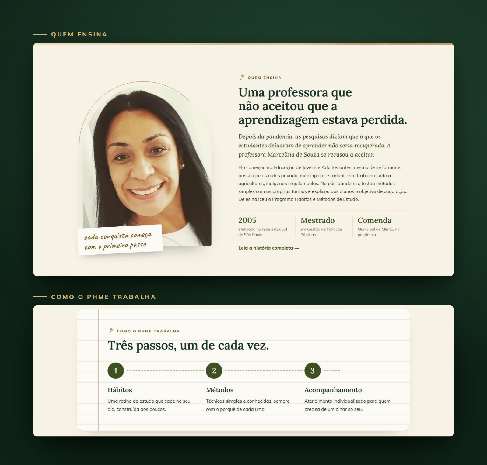A seção Quem ensina, com a foto da professora Marcelina de Souza, e os três passos do PHME