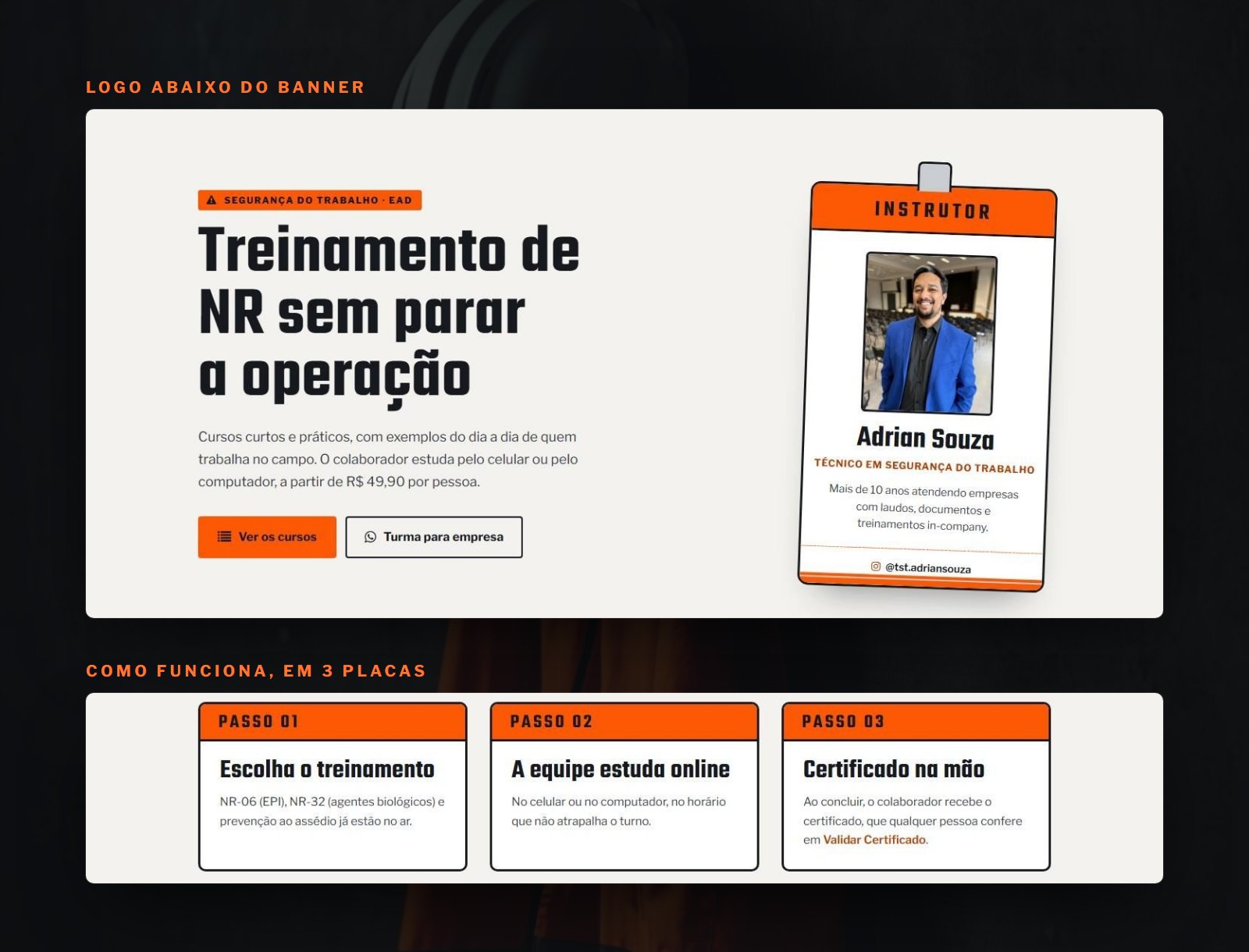 O crachá do instrutor Adrian Souza e o passo a passo em 3 placas no novo portal