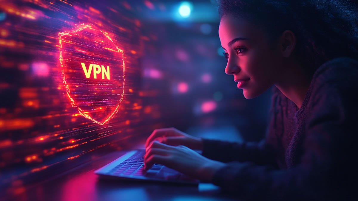 Uma mulher utilizando uma navegação segura com VPN.